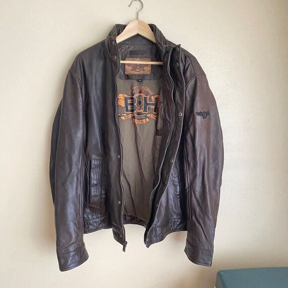 BH Vintage XXL Leather Men's Coat Brown Collar Hood Pockets Snaps And Zipper - Picture 5 of 8